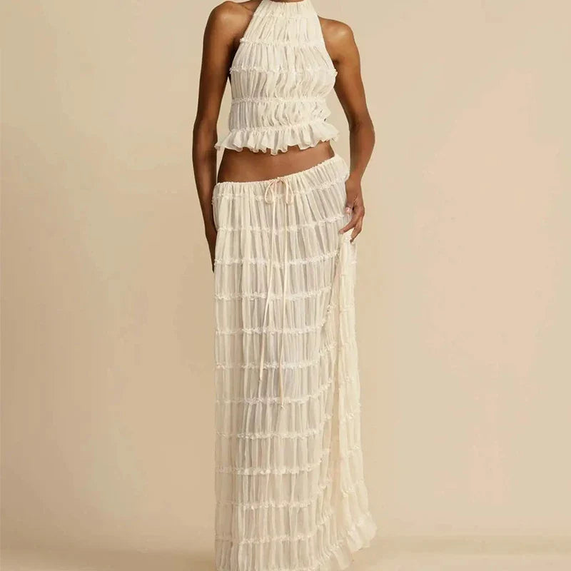 Fashion Halter Neck Long Skirt Suit Women Backless Sling Top Lace Up Fold Maxi Skirts New Summer Female 2 Piece Set Outfits