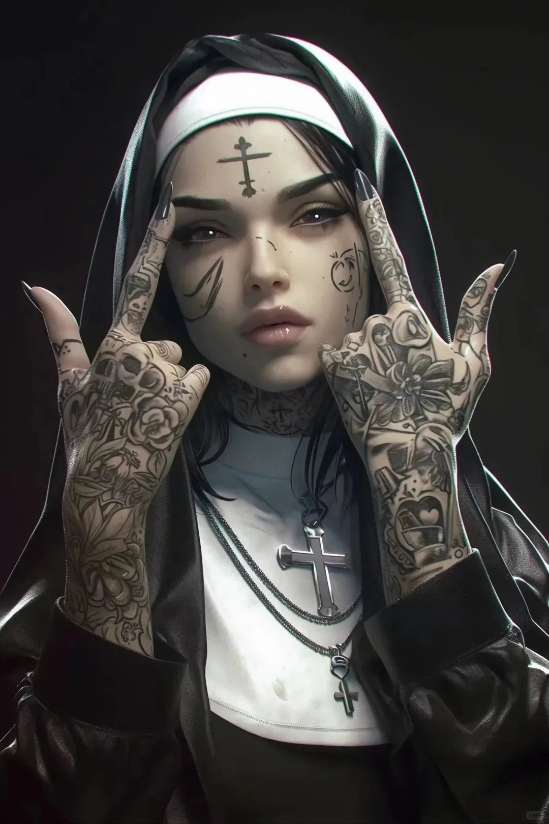 Sexy Tattoo Machine Gun Nun Poster Print Christian Smoking Nun Canvas Painting Living Room Background Wall Home Decoration