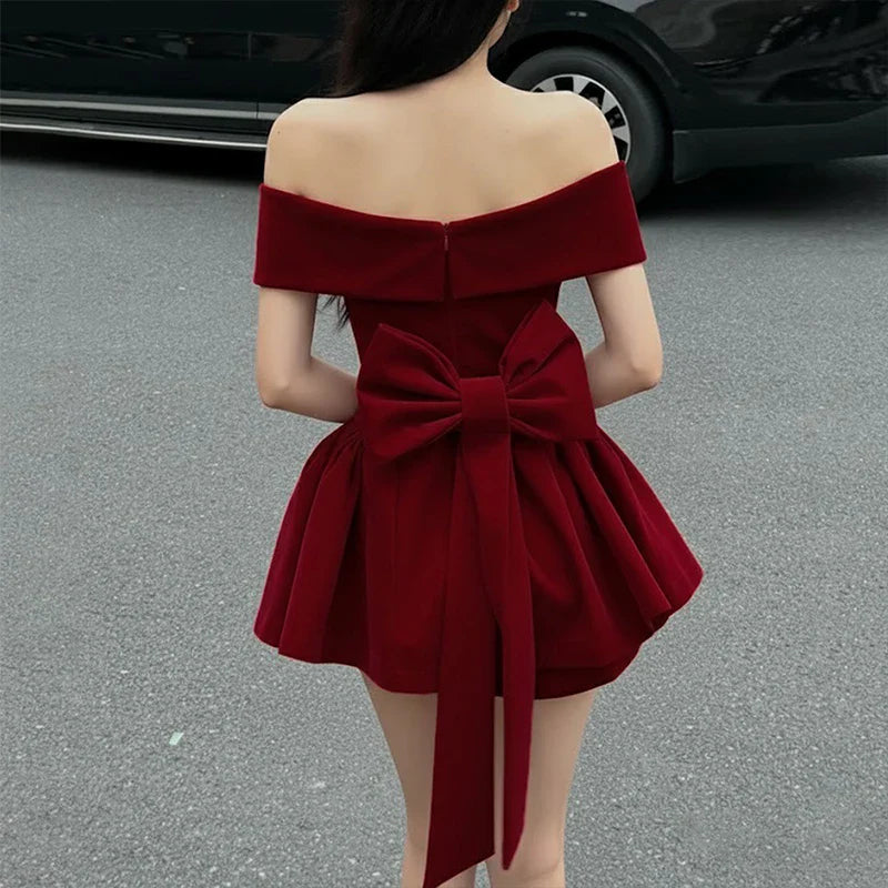 BKLD Fashion Red Bowknot Mini Dress Straps Square Collar Sleeveless Backless Vintage Cute Ladies Slim Party Short A-line Dresses