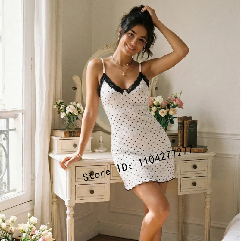 Women's Heart Print Lace Trim Camisole Nightdress,Sleeveless V-Neck Slim Fit Sexy Sleep Dress For Summer Daily Loungewear