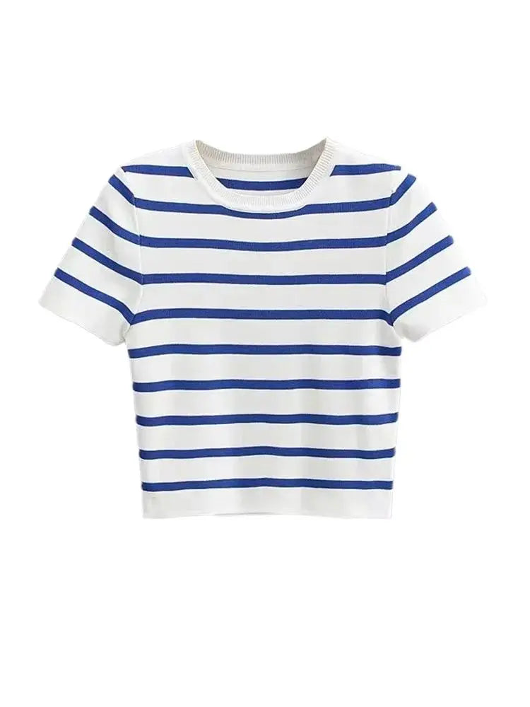 Women Fashion Striped Basic Cropped Knit Sweater Vintage O Neck Short Sleeve Female Pullovers Chic Tops