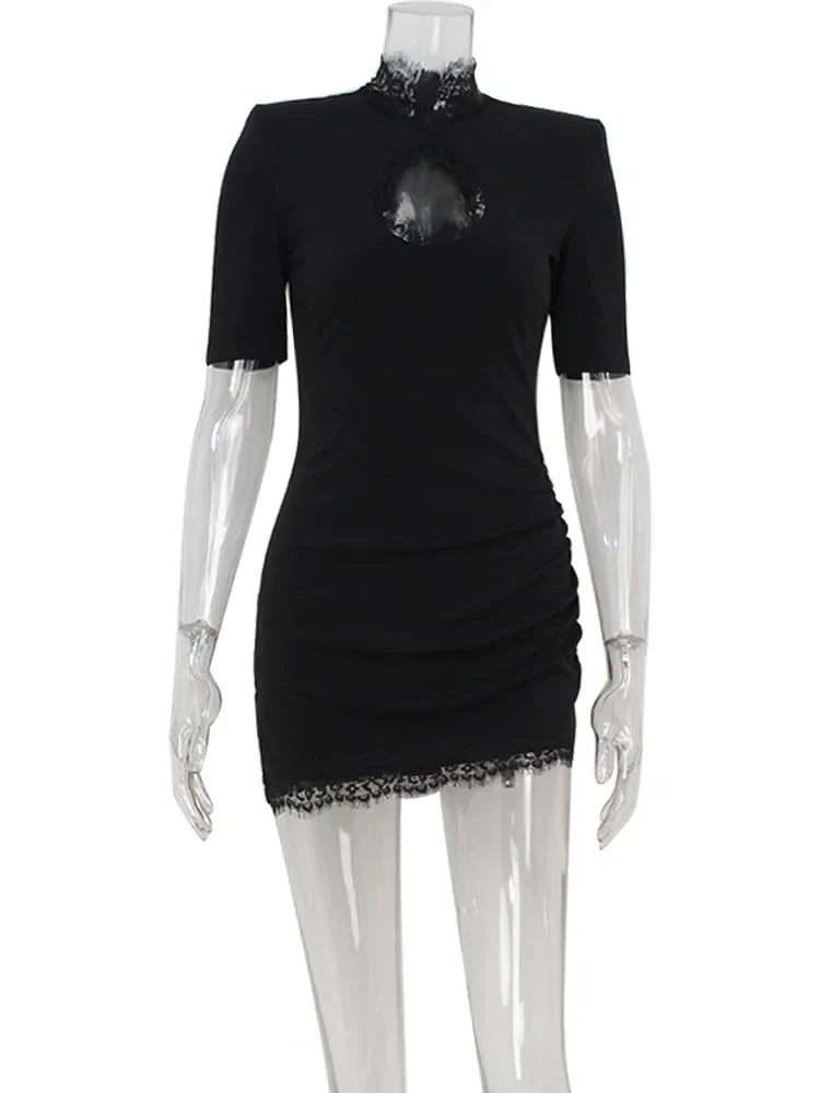 Huhugirl Lace Patchwork Hollow Out Bodycon Sheath High Collar Women Dresses Half Sleeve Outfits Sexy Club Fashion Female Vestido