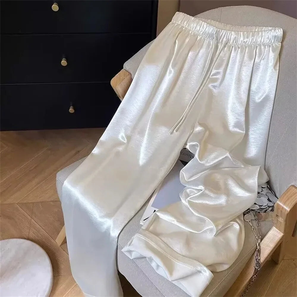 Korean Fashion High Waist Thin Wide Leg Women Summer Office Lady Solid Color Straight All-match Casual Pants Trousers Clothes