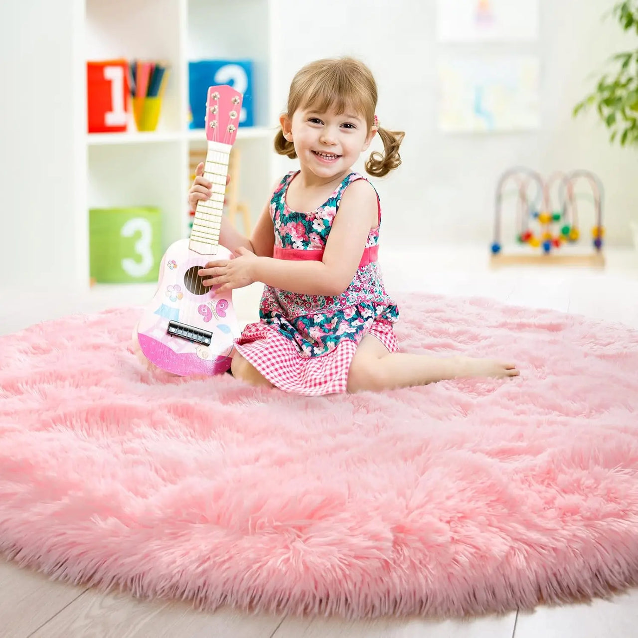 VIKAMA Pink Round Carpet Fluffy Soft Area Floor Mat Children Girls Room Princess Castle Plush Carpet Living Room Home Decor