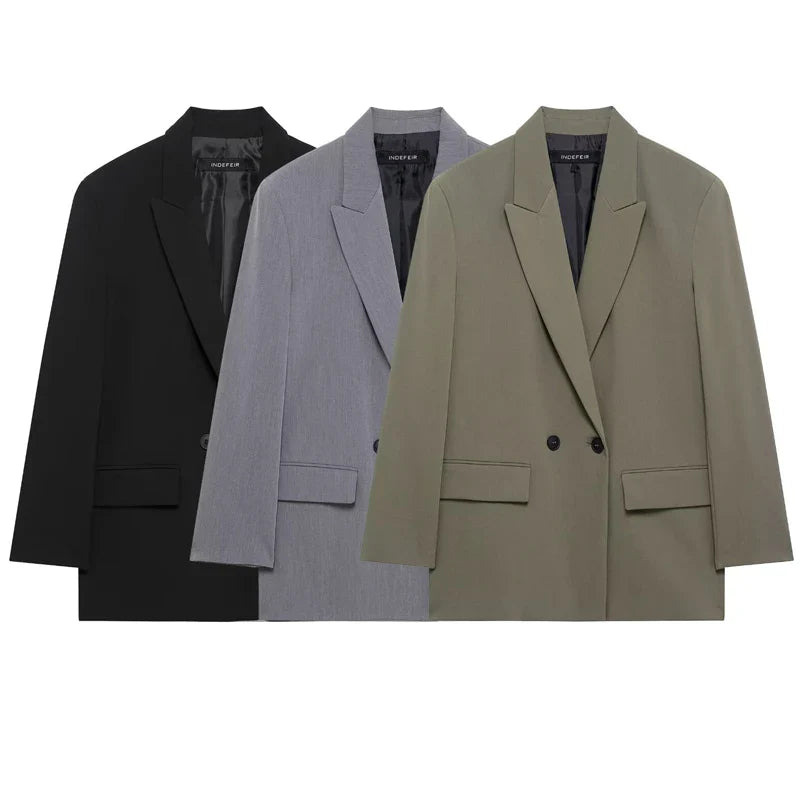 HXAO Blazer Women Double Breasted Pocket Women's Jacket 2025 Long Sleeve Casual Blazers Woman Chic Office Wear Ladies Coat
