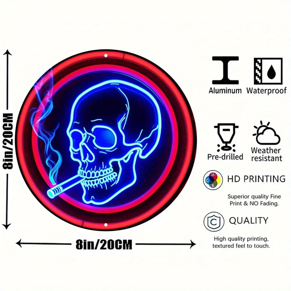 Stand out  Aluminum Neon Skull Sign. Round, Cigarette Wreath.Ideal Wall Art for Kitchen, Office, Garden. Great for Festive Decor