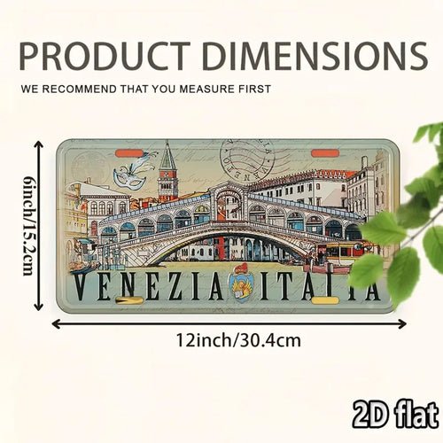 2D Flat, Vintage Italian Travel Poster - Venice Italy Metal Wall Decor Sign with Rialto Bridge & Gondola