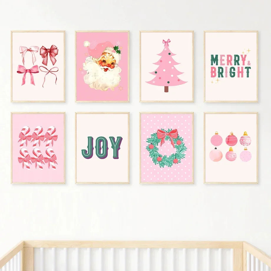 Modern Simple Wall Art Pink Christmas Tree Father Christmas HD Canvas Print Poster Home Living Room Bedroom Decoration