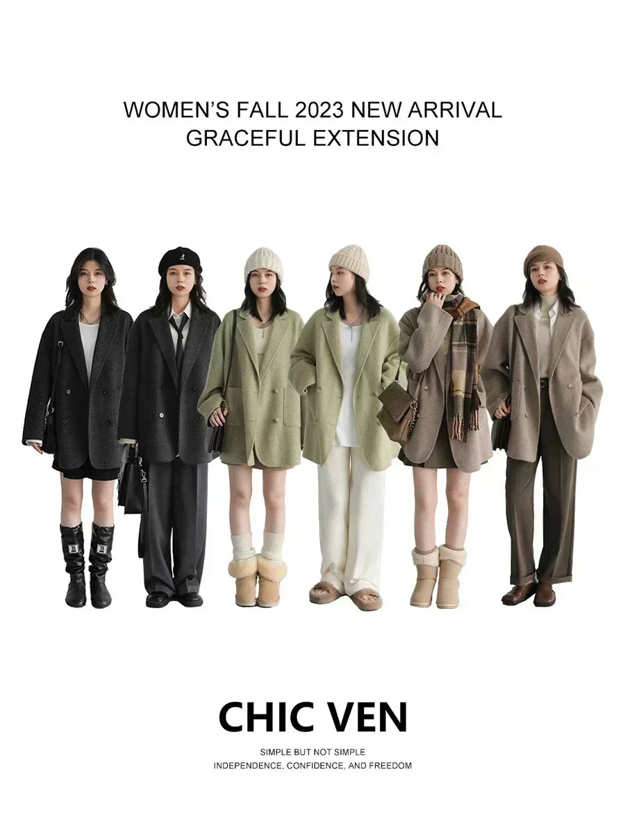 CHIC VEN Women's Woolen Coats Loose Casual Double Breasted Retro Double-sided Jacket Office Lady Outerwear Autumn Winter 2026