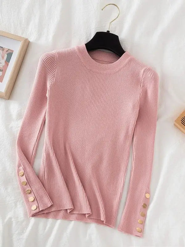 2026 women thick sweater pullovers khaki casual autumn winter button o-neck chic sweater female slim knit top soft jumper tops