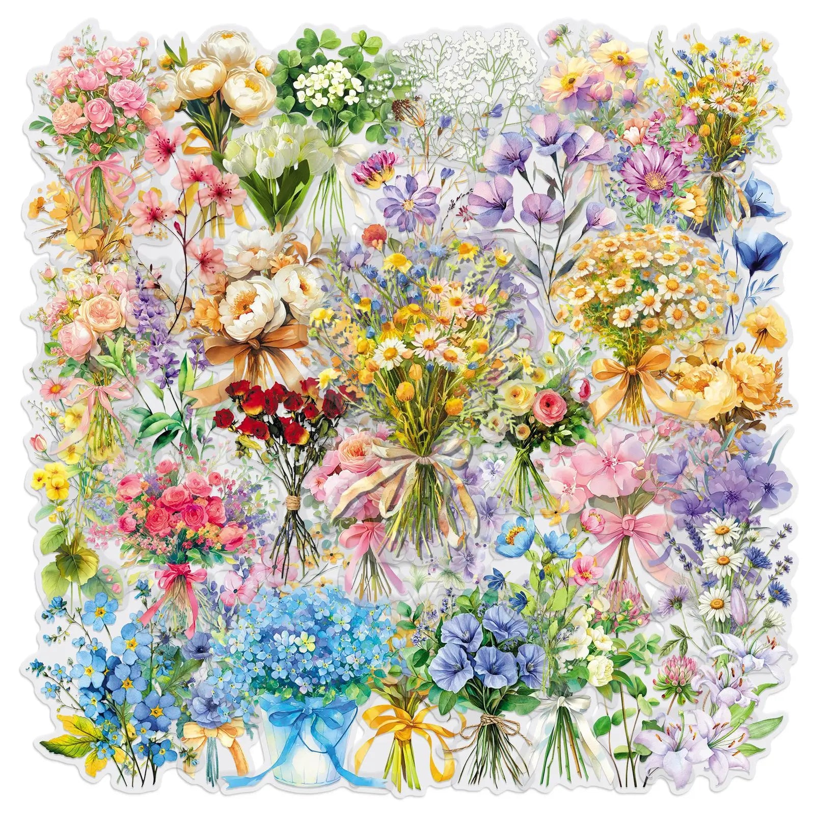 50/100PCS Bouquet Transparent PET Stickers Cartoon Plant Flower Waterproof Stationery box DIY Notebook Stickers