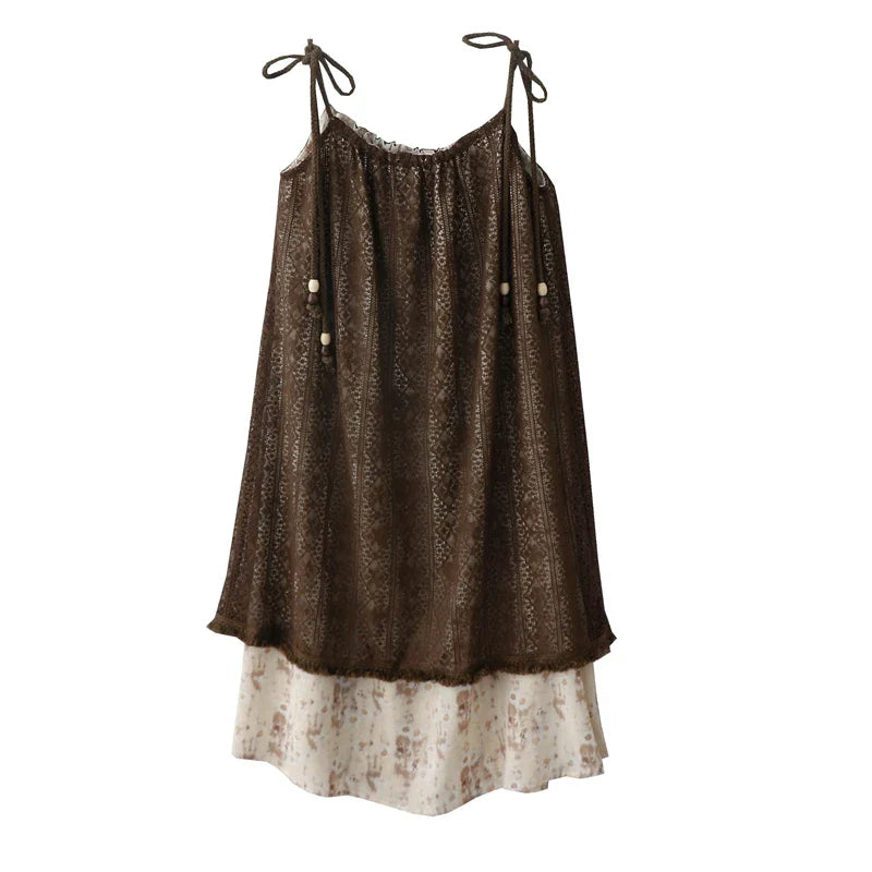 Women's Summer New French Resort Style Lace Spliced Suspender Dresses Female Slimming Temperament Age-reducing Mid-length Dress