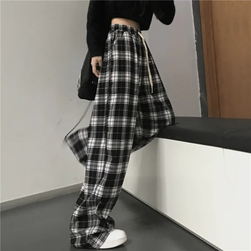 Casual sports pants, fashionable black checkered pants, loose elastic waist pocket, wide leg pants, neutral hip-hop loose pants