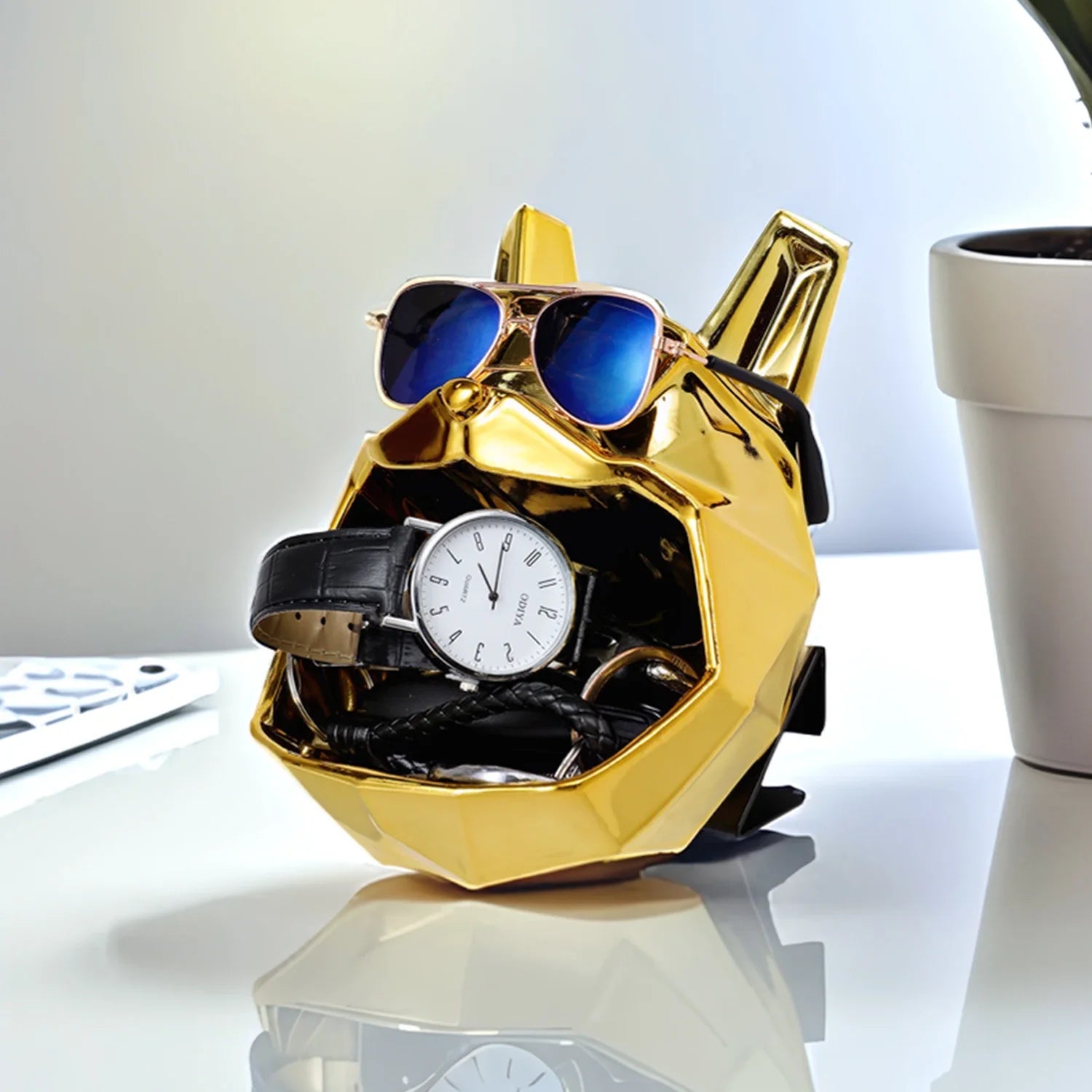 Polygon Bulldog Dog Head Figurine with Storage Electroplating Golden Silver Solid Synthetic Resin Sculpture Figurine Home Decor