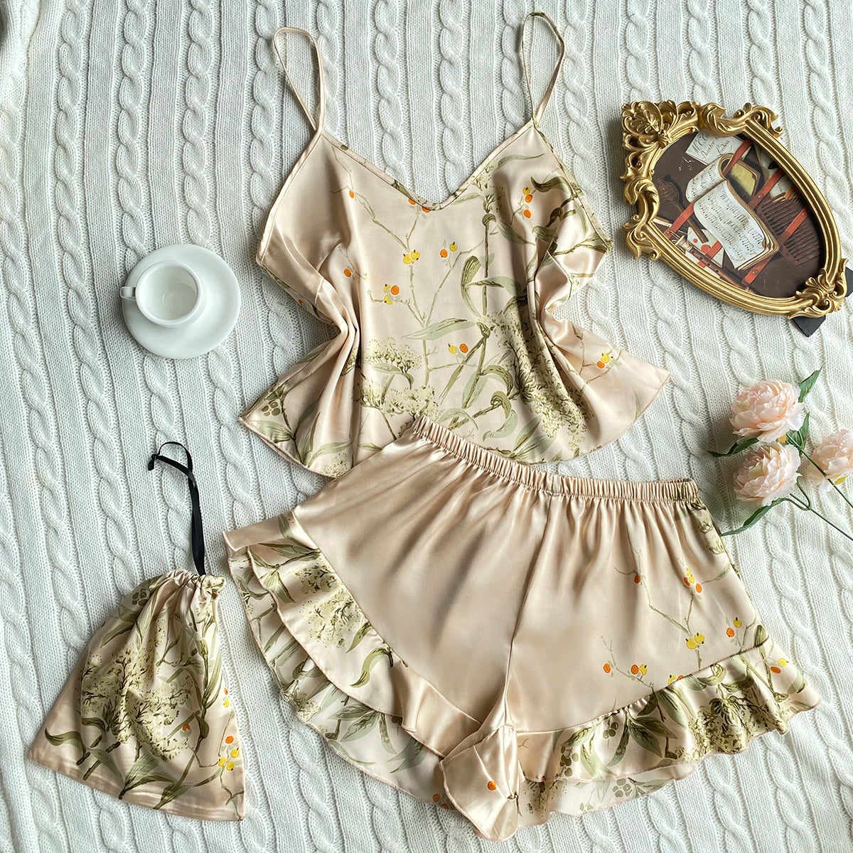Elegant Floral Print Cami Tops Ruffle Hem Shorts Pajama Set  Women's Sleepwear Loungewear