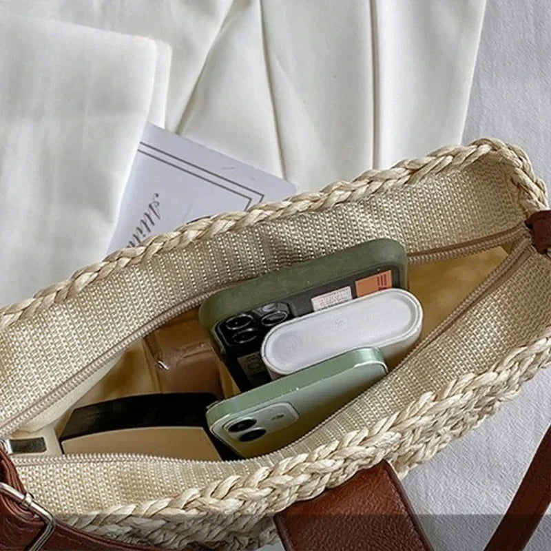 Crossbody Bags Summer Straw Bag Fashion Semicircle Crossbody Bags Rattan Handmade Messenger Handbag Travel Beach Bags Tote