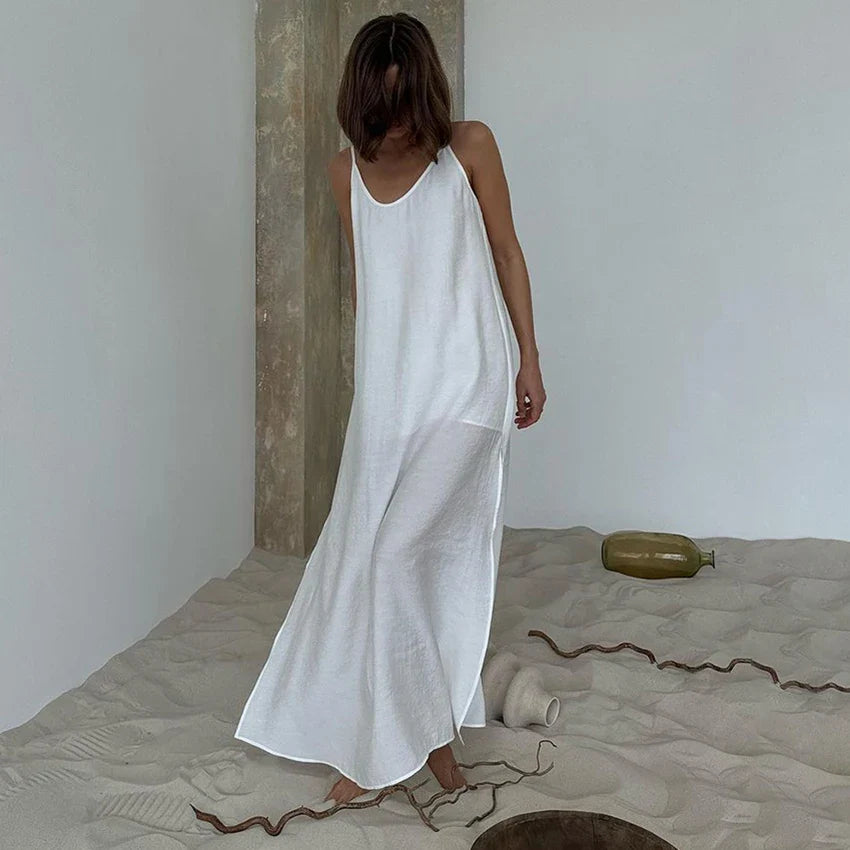 Linad Summer Casual White Long Dress Sexy Loose Backless Split Dresses Woman Street Chic V Neck Straight Dress For Women 2025