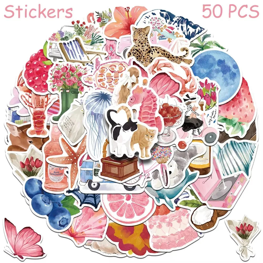 50/100pcs Watercolor Dairy Stickers Decals For Phone Laptop Scrapbook Luggage Helmet DIY Graffiti Aesthetic Stickers Gifts