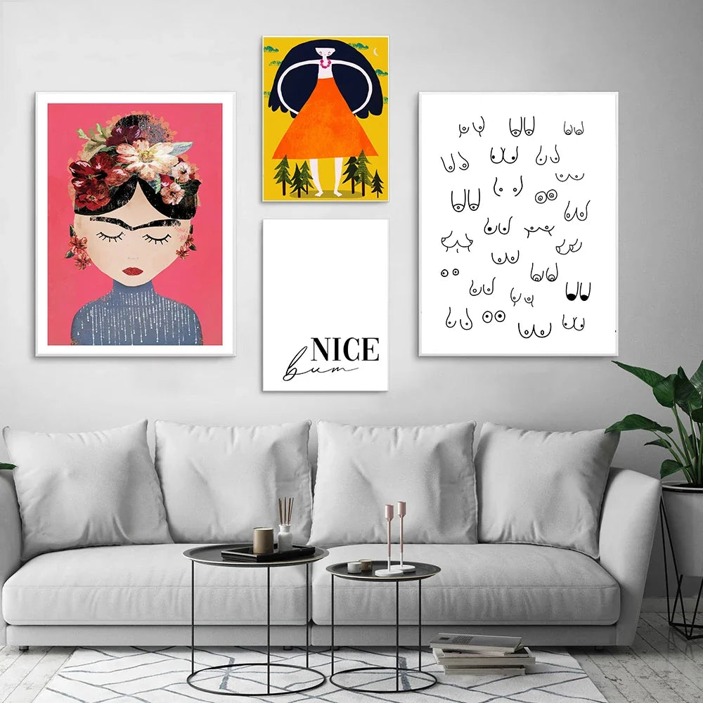 Boho Feminist Boobs Flower Hands Poster Print Canvas Painting Room Decor Frida K Art Work Picture Wall Art for Living Room Decor