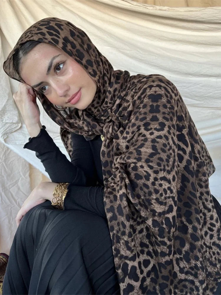 1Pcs Ramadan Hijab Leopard Print Women Bohemian Watercolor Soft Muslim Hijabs Floral Breathable Shawl Wrap Scarf Headscarf Warm