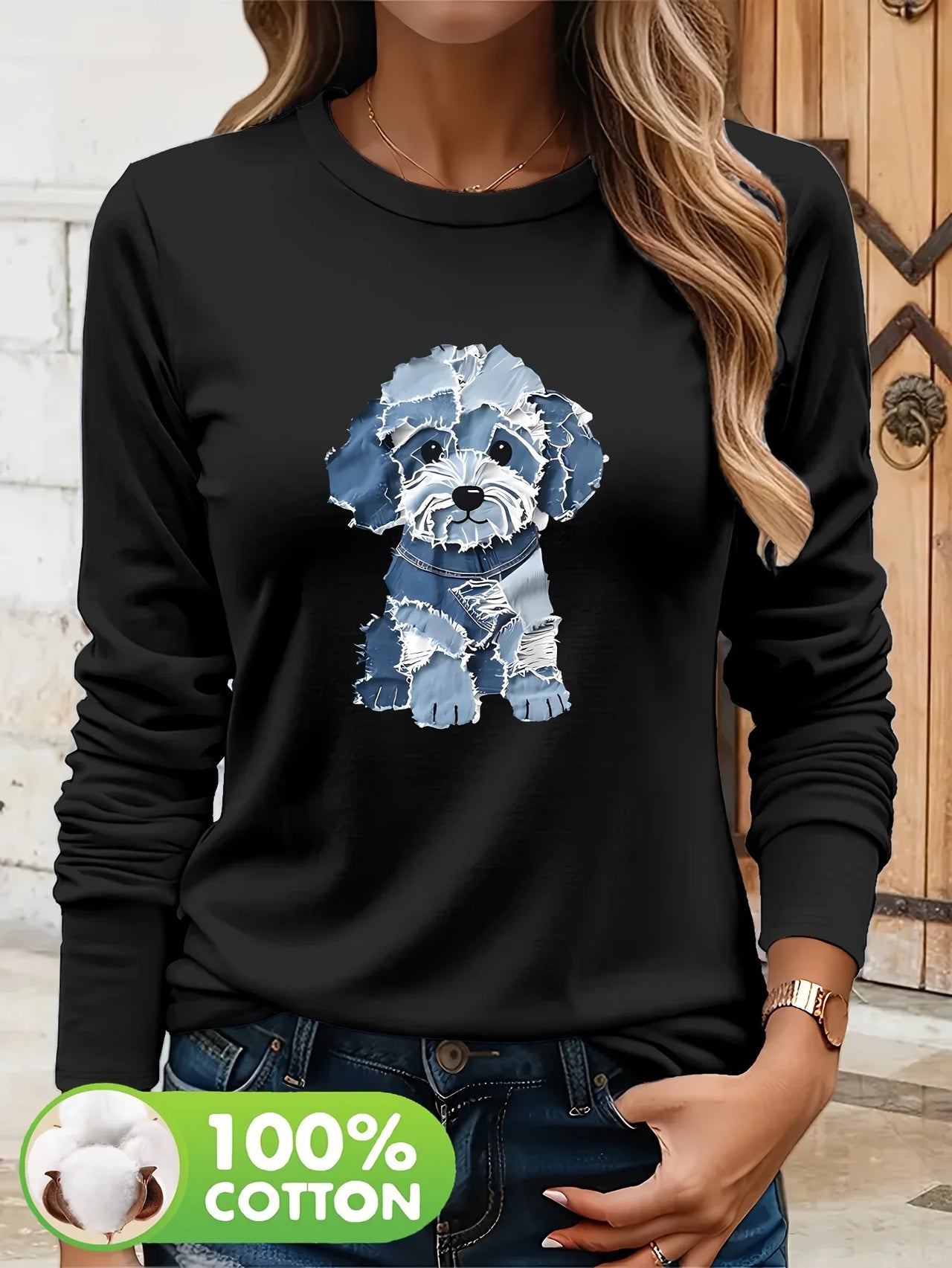 Women's autumn and winter 100% pure cotton fashionable casual heart-shaped printed round neck long sleeved T-shirt top