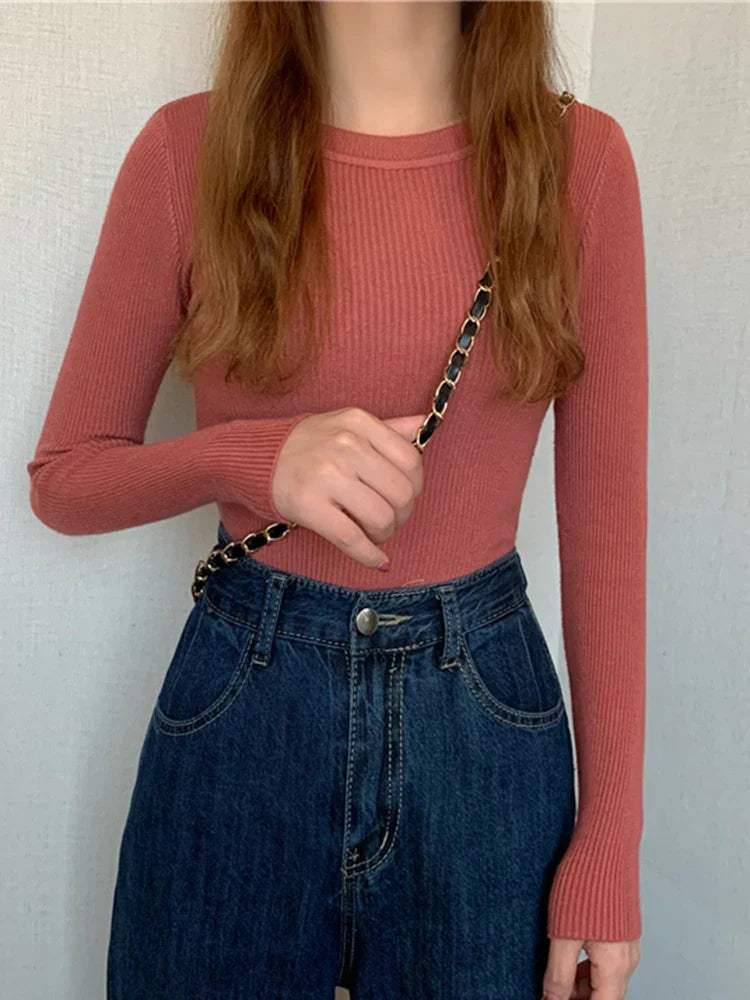 2026 New Women Sweater Autumn Winter Long Sleeve Pullover Basic Top Fashion O-neck Elastic Female Winter Solid Knitted Jumper