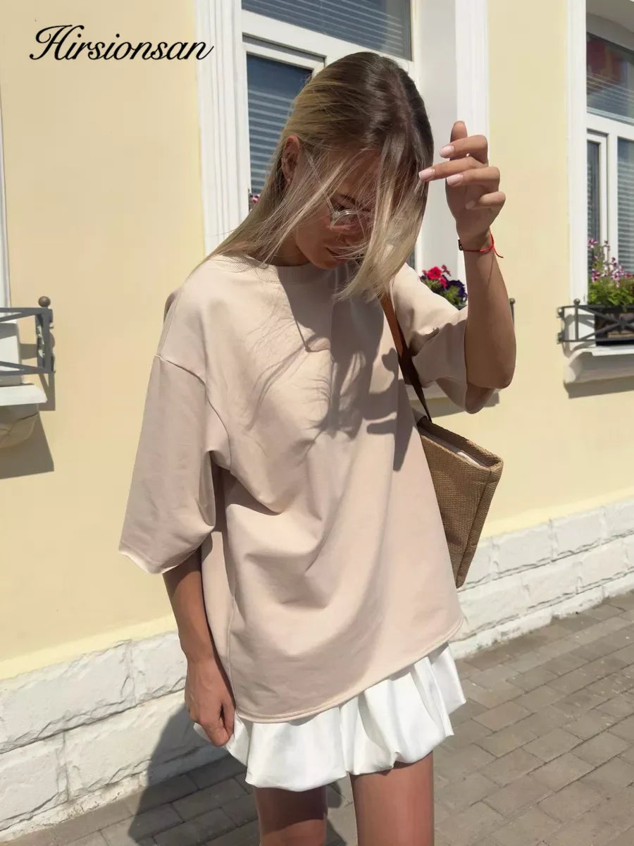 Hirsionsan Summer Casual Oversized T-shirts Women 100% Cotton Pink Loose Tees 2025 New Cusual Solid O Neck Female Aesthetic Tops