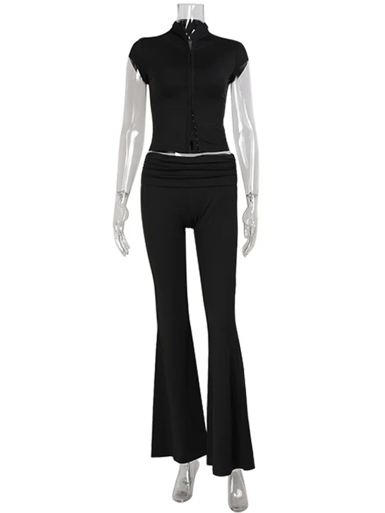 CNYISHE Lace Buckle Women Sets Fashion Cool Half High Collar Short Sleeve Sheath Chic Tees Solid Female Suits Trendy Sexy Pants