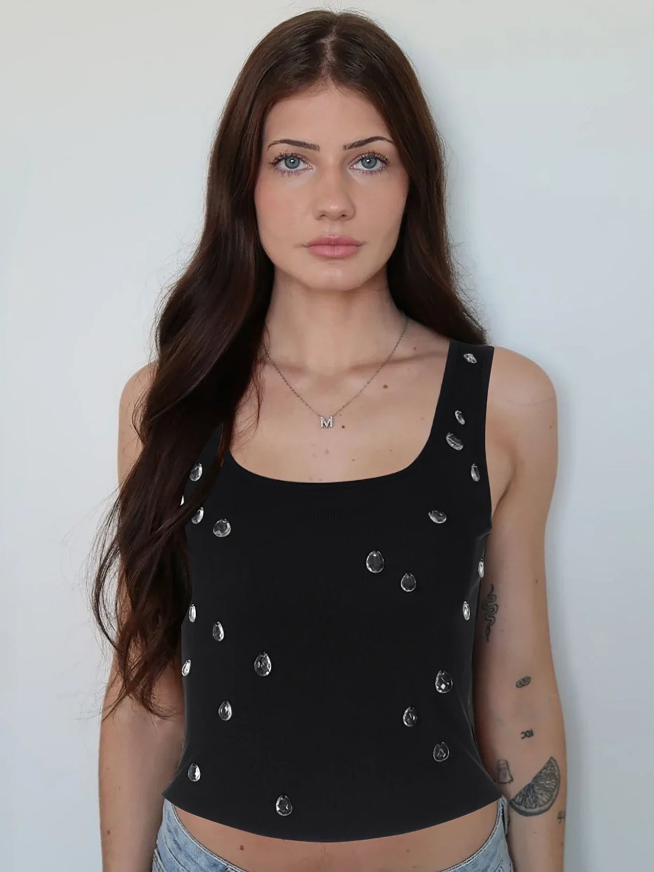 Dulzura Ribbed Sleeveless Water Droplets Diamond Decorated Tank Sexy Casual Bodycon Top Party Club Streetwear Spring Summer
