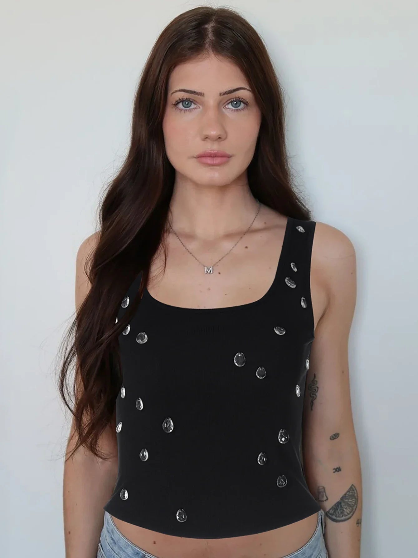 Dulzura Ribbed Sleeveless Water Droplets Diamond Decorated Tank Sexy Casual Bodycon Top Party Club Streetwear Spring Summer