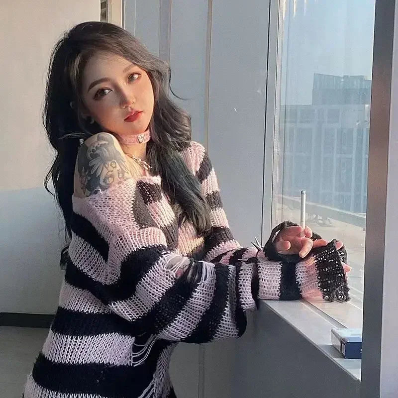 New Purple Striped Gothic Sweaters Women Ripped Holes Loose Knitted Pullover Frayed Fairy Grunge Jumpers Emo Streetwear Lolita