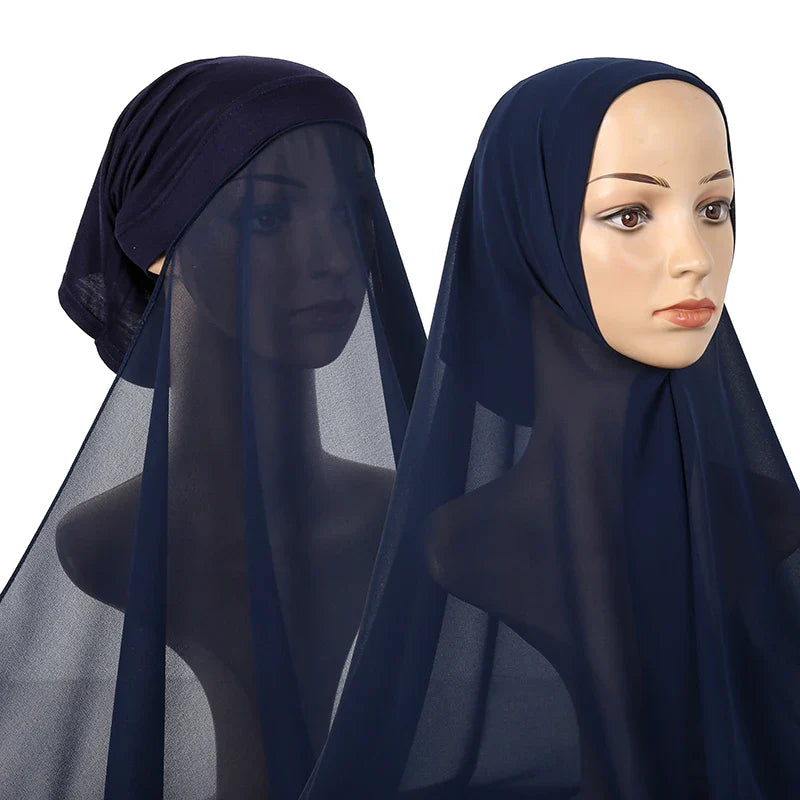 New Plain Instant Hijab Bubble Chiffon With Modal Tube Cap Set Muslim Woman Hijab Innerscarf Casual Long Scarf Islamic Turban