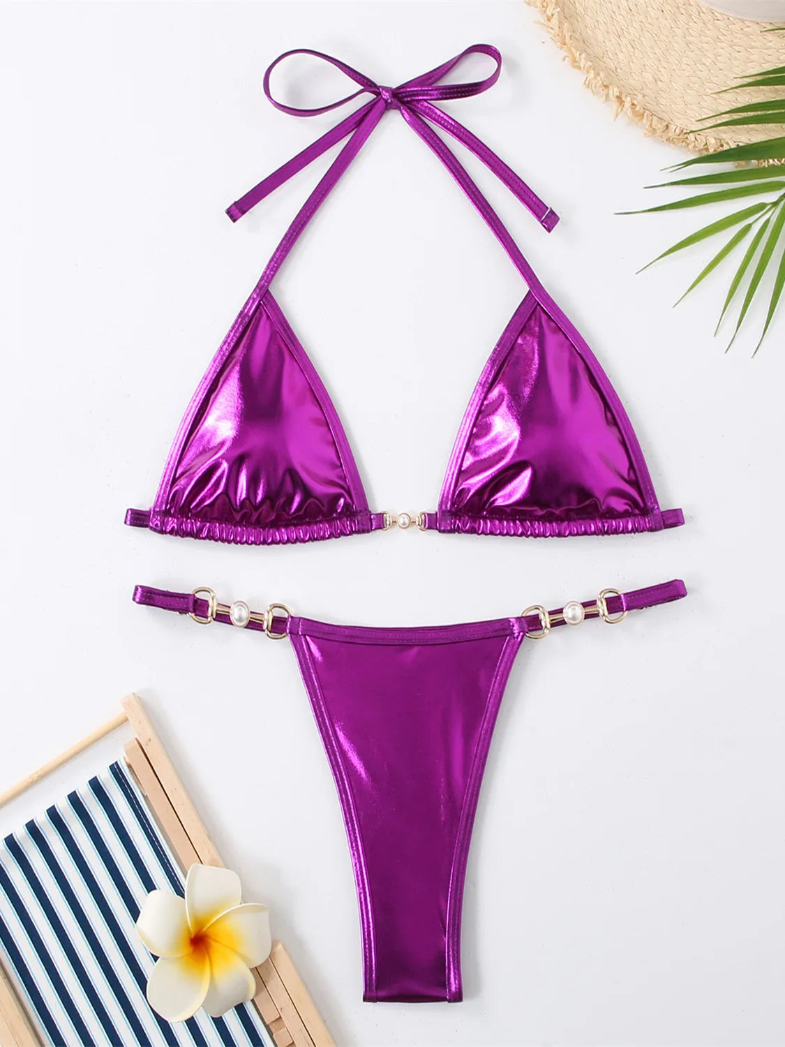Shiny Pink Micro Bikini 2026 Mujer Women Sexy PU Pearls Push Up Thong Swimsuit Summer Bathing Suit Bandage Holiday Swimwear