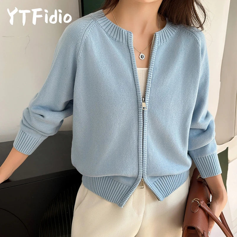 YTFidio 100% Cotton Women O-neck Thick Zipper  Solid Cardigan Luxury Designer Clothing Woman Pullover Female Tops 401