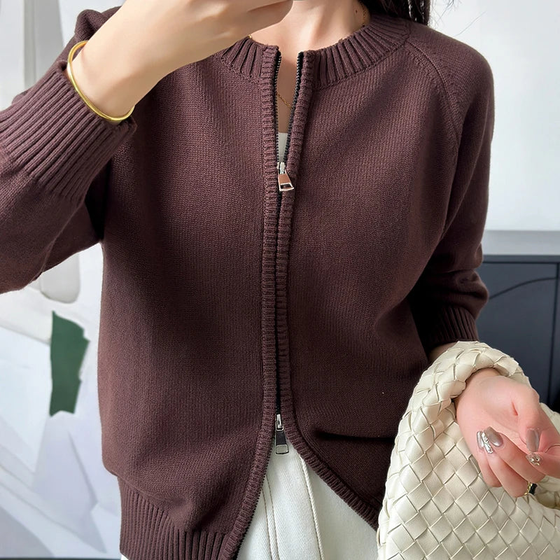 YTFidio 100% Cotton Women O-neck Thick Zipper  Solid Cardigan Luxury Designer Clothing Woman Pullover Female Tops 401