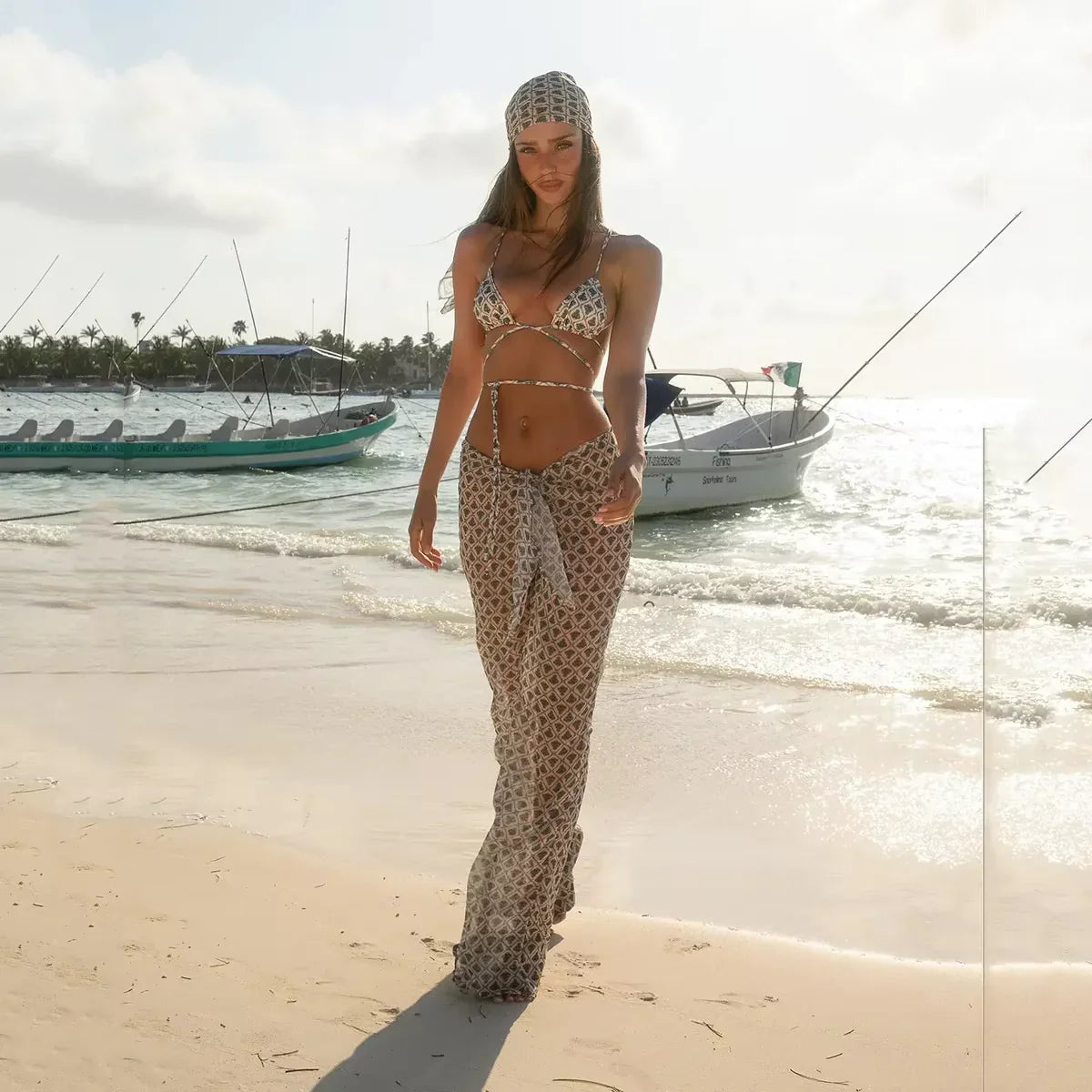 Triangle Print Bikinis Halter Swimwear Women'S Three Piece Swimsuit With Ties Sexy Bathing Suit Mesh Long Trousers Black Biquini