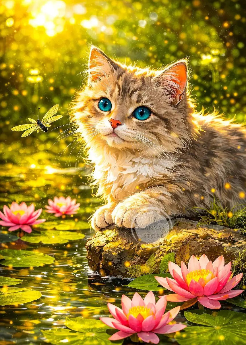 Cute Kittens Various Scenes Poster Funny Baby Cat in Daisy Field Watching Sunset on Beach Sleeping Canvas Print for Home Decor