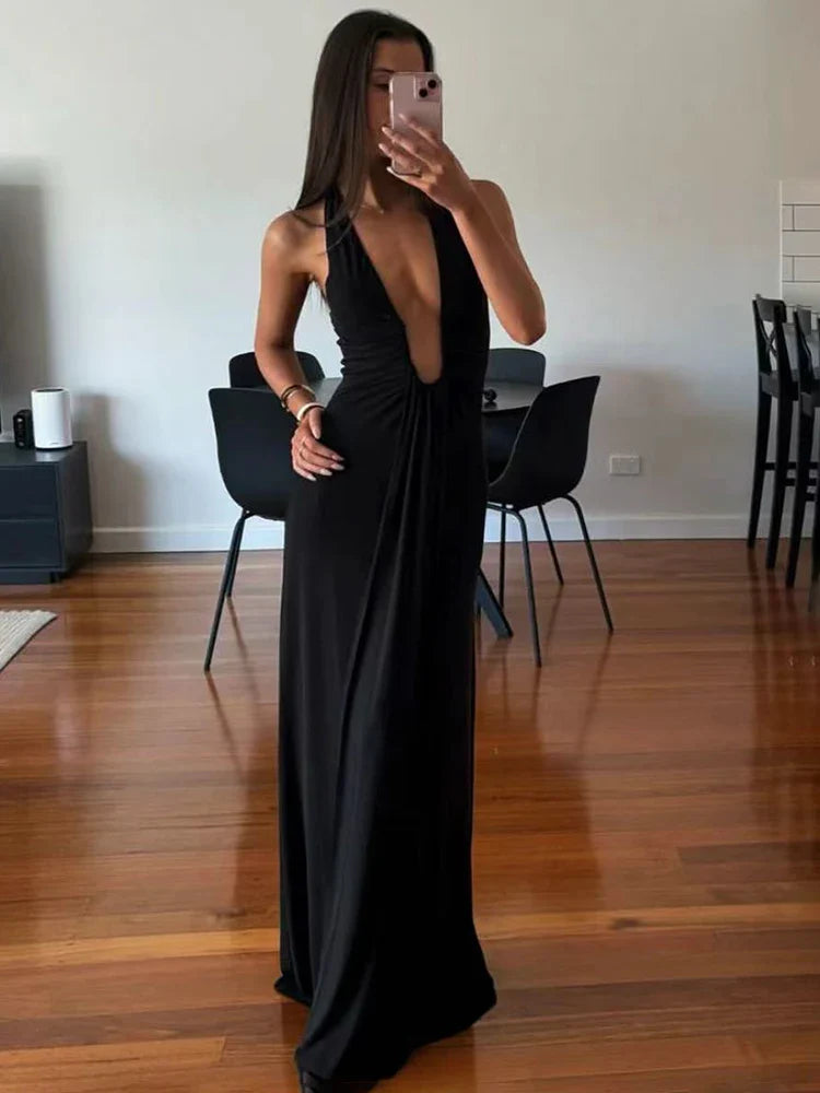 TARUXY Deep V Neck Halter Long Dress Female Elegant Ruched Ribbon Splice Summer New Vacation Dress Sexy Slim Sleeveless Vestido