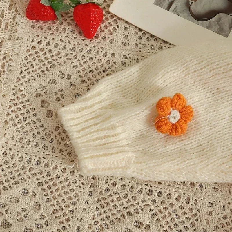 2026 New Spring Autumn Colourful Applique Flower Cardigan for Women Cute Long  V-neck Knit Crop Sweater Girl Soft Knitwear