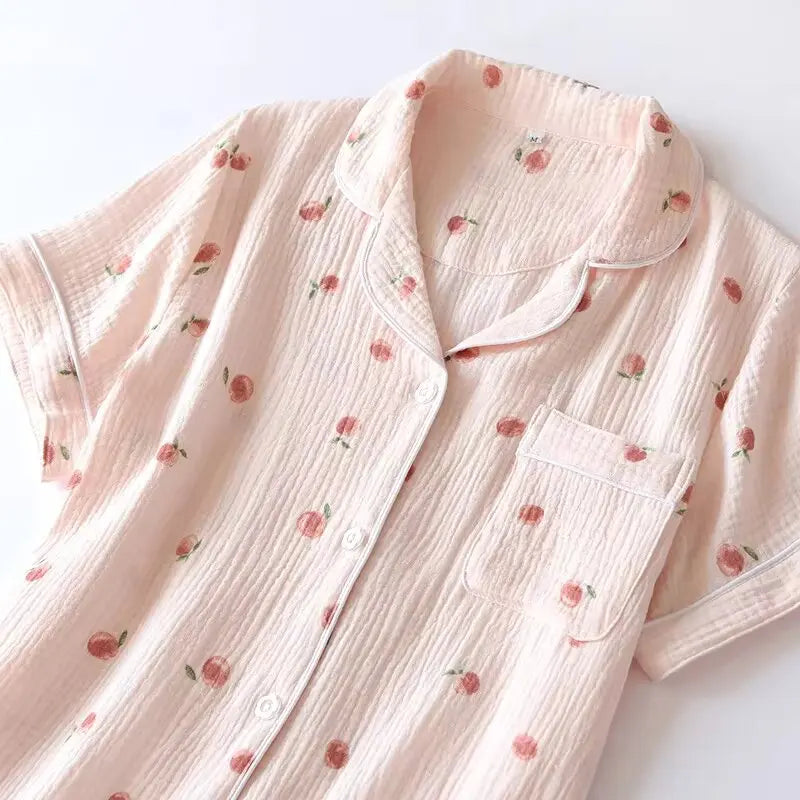 2025 Summer Ladies Short-sleeved Shorts Pajamas Set 100% Cotton Crepe Cloth Thin Home Service Two-piece Spring And Autumn Loose