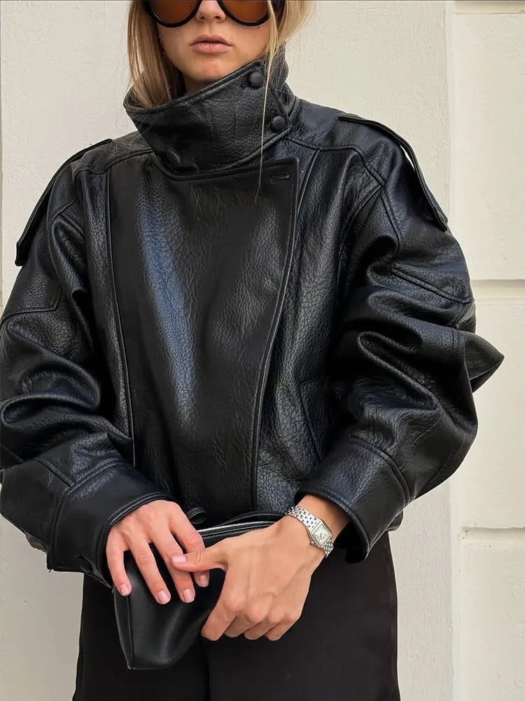 HH Autumn Faux Leather Jacket For Women Casual Solid Long Sleeve Zipper Pu Leather Coats New Fashion Female Streetwear