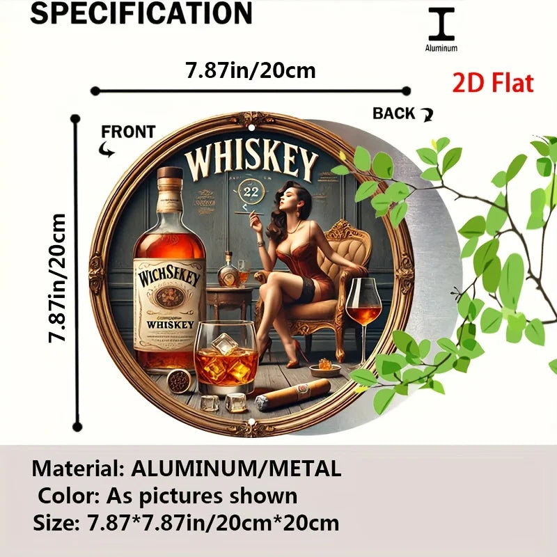 1pc Vintage Whiskey-Themed Round Metal Sign - Female Whiskey Lady & James Bond-Inspired Logo Design, Scotch & Bourbon Art