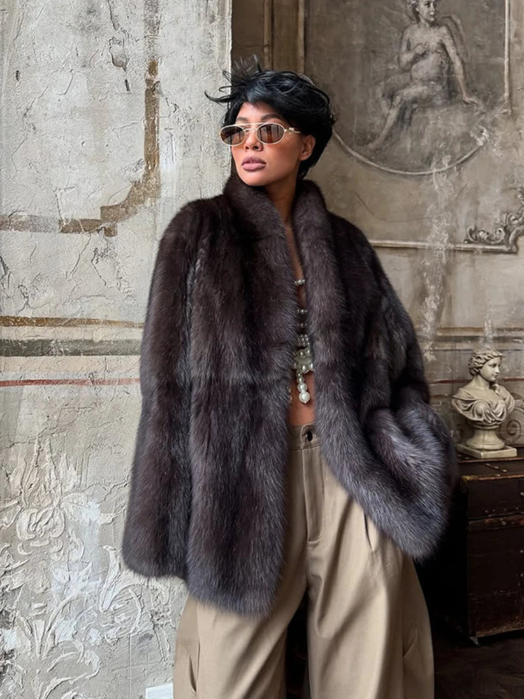 Solid Medium-length Fur Coat Women Elegant Lapel Hidden Button Loose Outerwear 2025 Winter New Office Lady Commute Overcoat