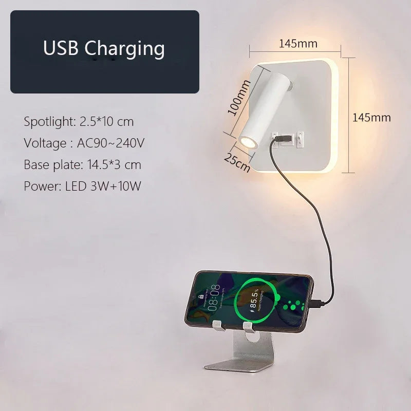 Modern Minimalist Led Wall Lamp USB Charging Indoor Bedroom Lamp Hotel Bedside Reading Lamp Wall Lights Sconce Switch AC 90~240V