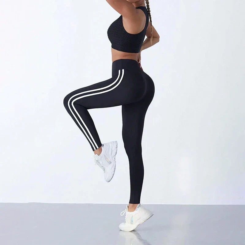 Womens High Waist Striped Yoga Leggings Butt Lifting Stretchy Breathable Tummy Control Soft Workout Pants for Gym Running