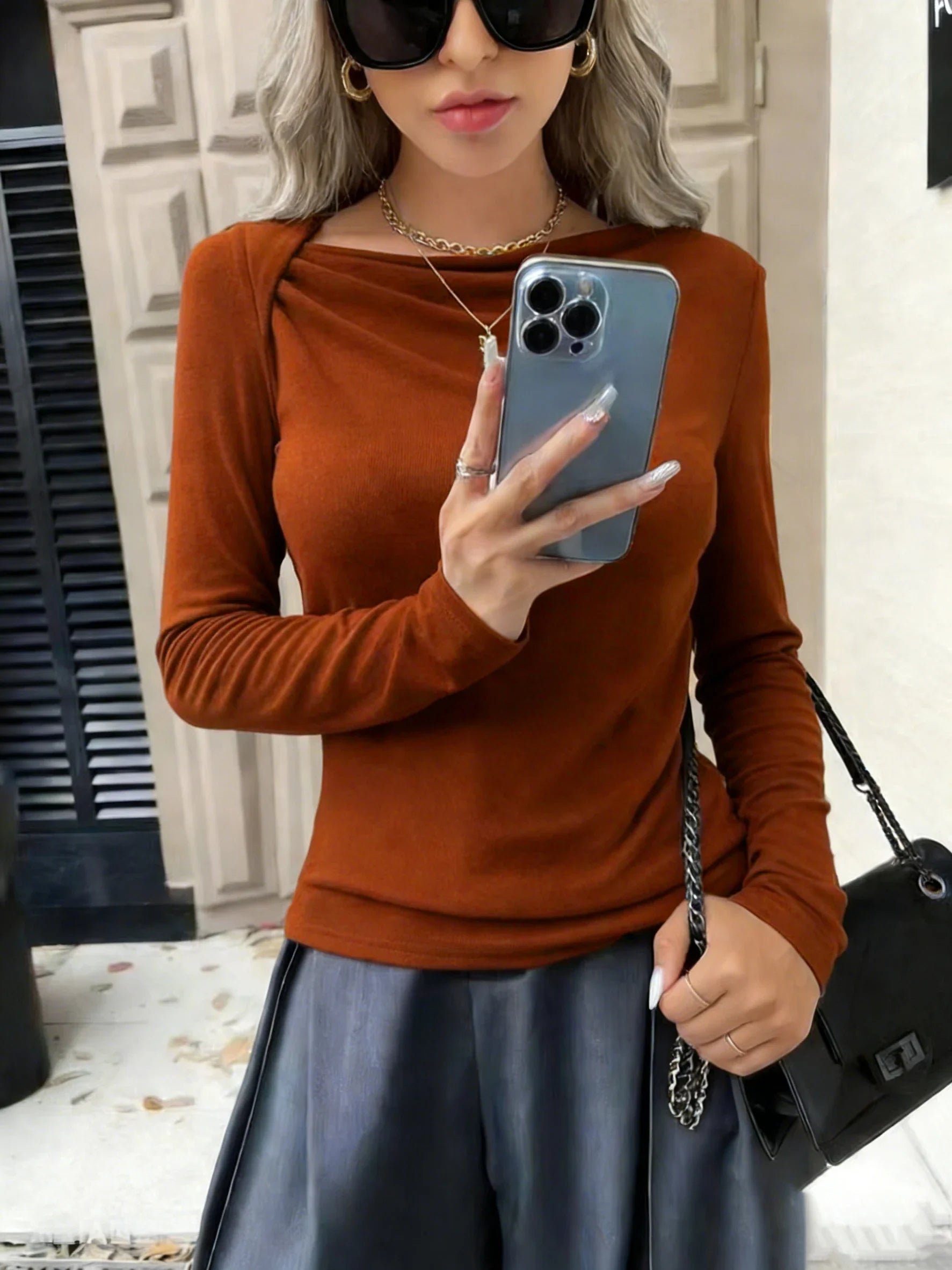 Long Sleeve Top T-Shirts Women Basic Crop Top Autumn Pollover Solid Skew Neck T Shirt Streetwear Basic Black Y2K Tees