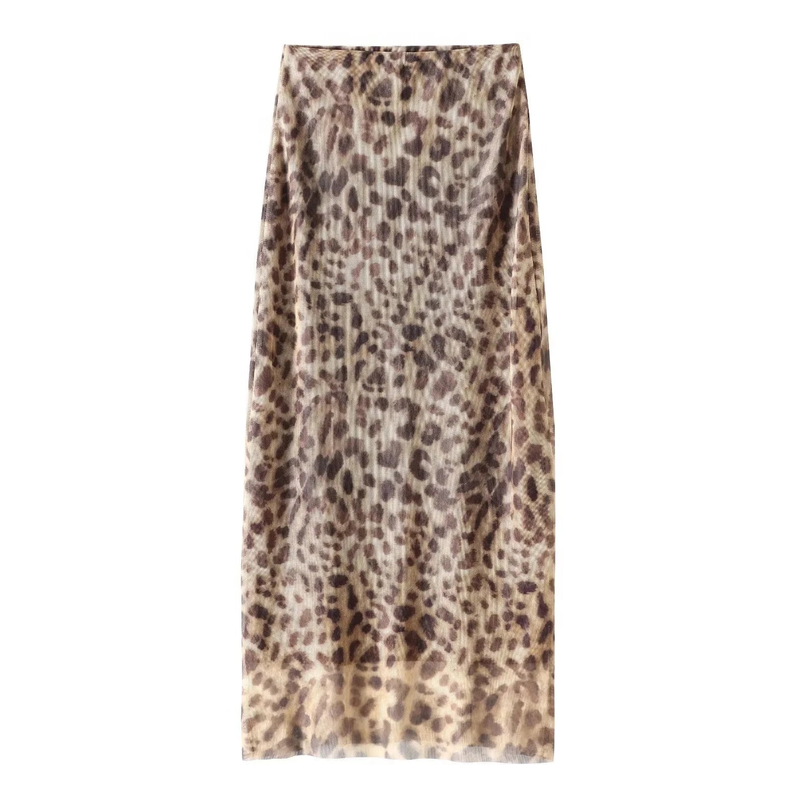 HXAO Leopard Print Tulle Skirt Woman Vintage High Waist Long Skirts For Women Summer Mesh Midi Skirt Elegant Women's Skirts
