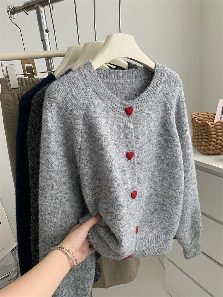Deep Grey Wool Knitted Cardigan For Women 2026 Autumn Winter Soft And Sticky Warm Love Buckle Shoulder Sleeves