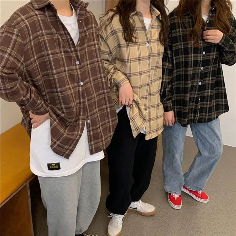 Xpqbb Vintage Women Plaid Shirts Autumn Long Sleeve Oversize Button Up Blouses Female Streetwear Loose Casual Shirts Femme Coat