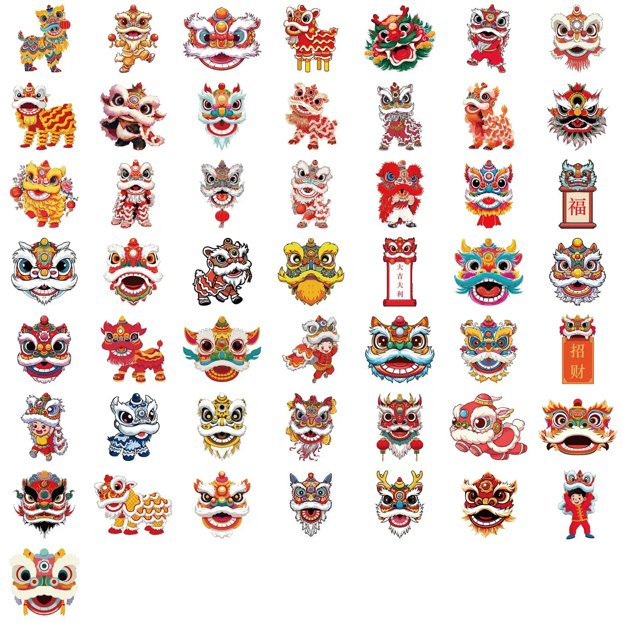 50/100PCS Cartoon New Year Lion Dance Graffiti Stickers - DIY Guitar Notebook Luggage Waterproof Stationery Decorative Stickers